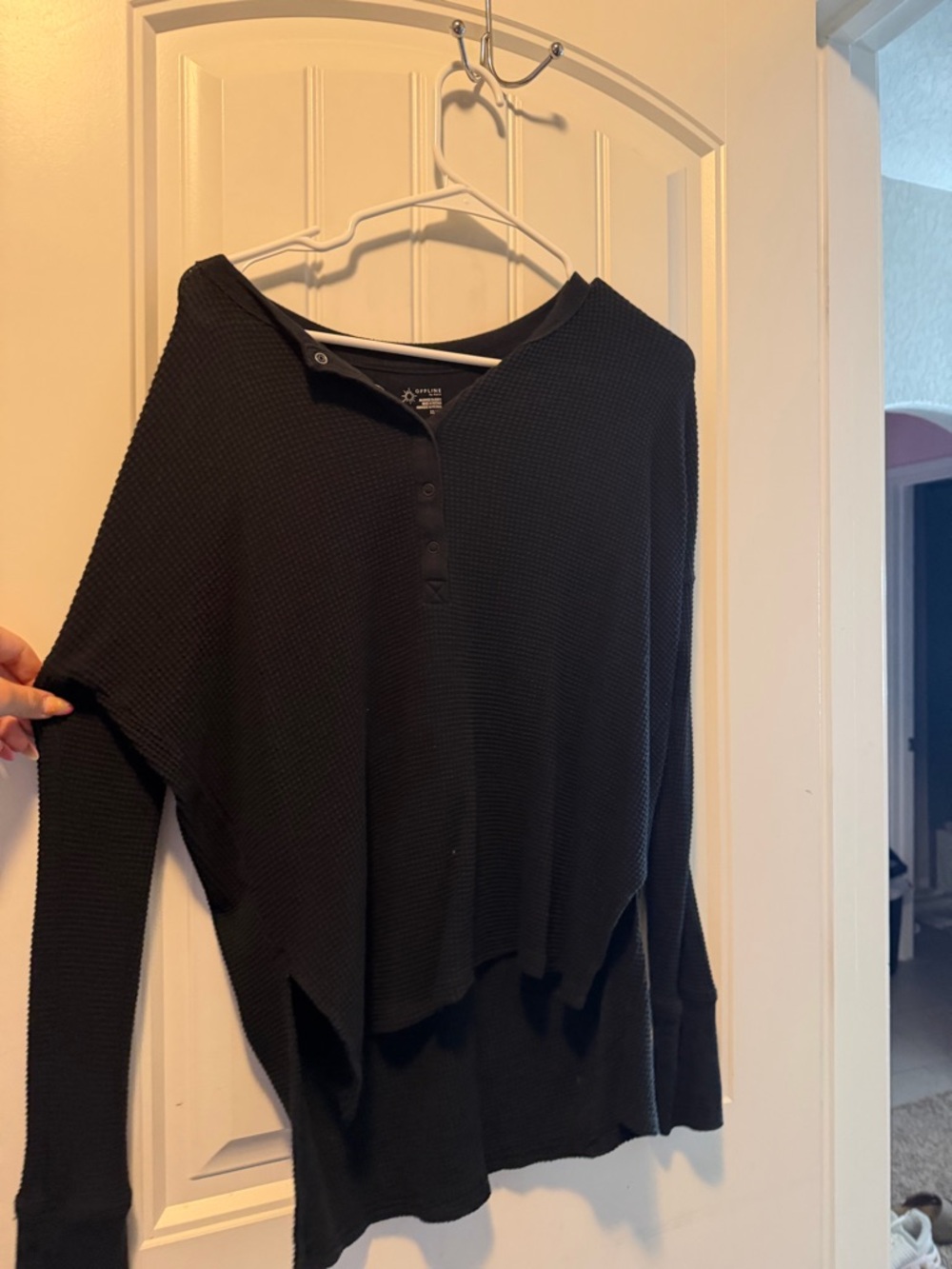 aerie Black Waffle-Knit Button Henley Top